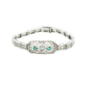Edwardian 14K White Gold Diamond & Lab Created Emerald Filigree Bracelet